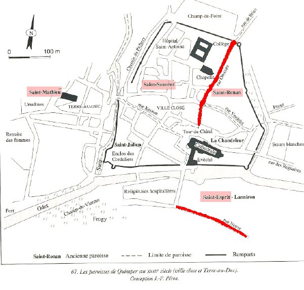Plan de Quimper avec la rue obscure